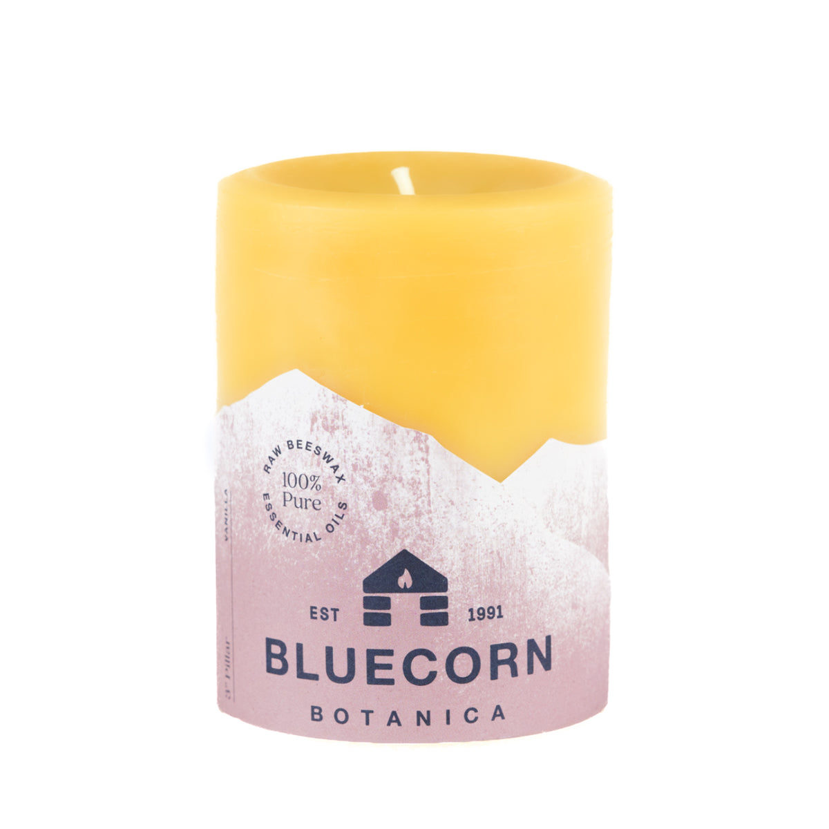 Clearance Vanilla scented 3" x 4" beeswax pillar candle with light brown label and white background