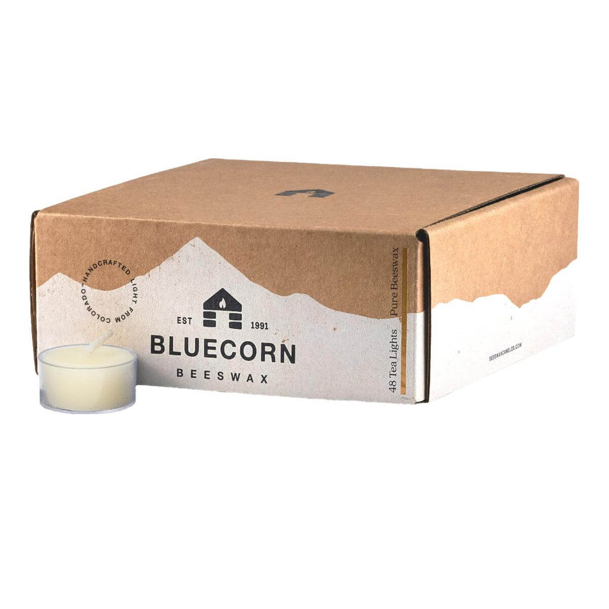 Bluecorn Beeswax 100% Pure Beeswax 48 Pack Ivory Tea Light in Clear cups. Picture features one beeswax tealight candle outside of Bluecorn branded Tea Light Box with a white background. Box features Bluecorn Beeswax name and logo, with an outline of Mt. Wilson in white printed on a 100% recycled kraft paper box. Tea lights will burn for about 5 hours each.
