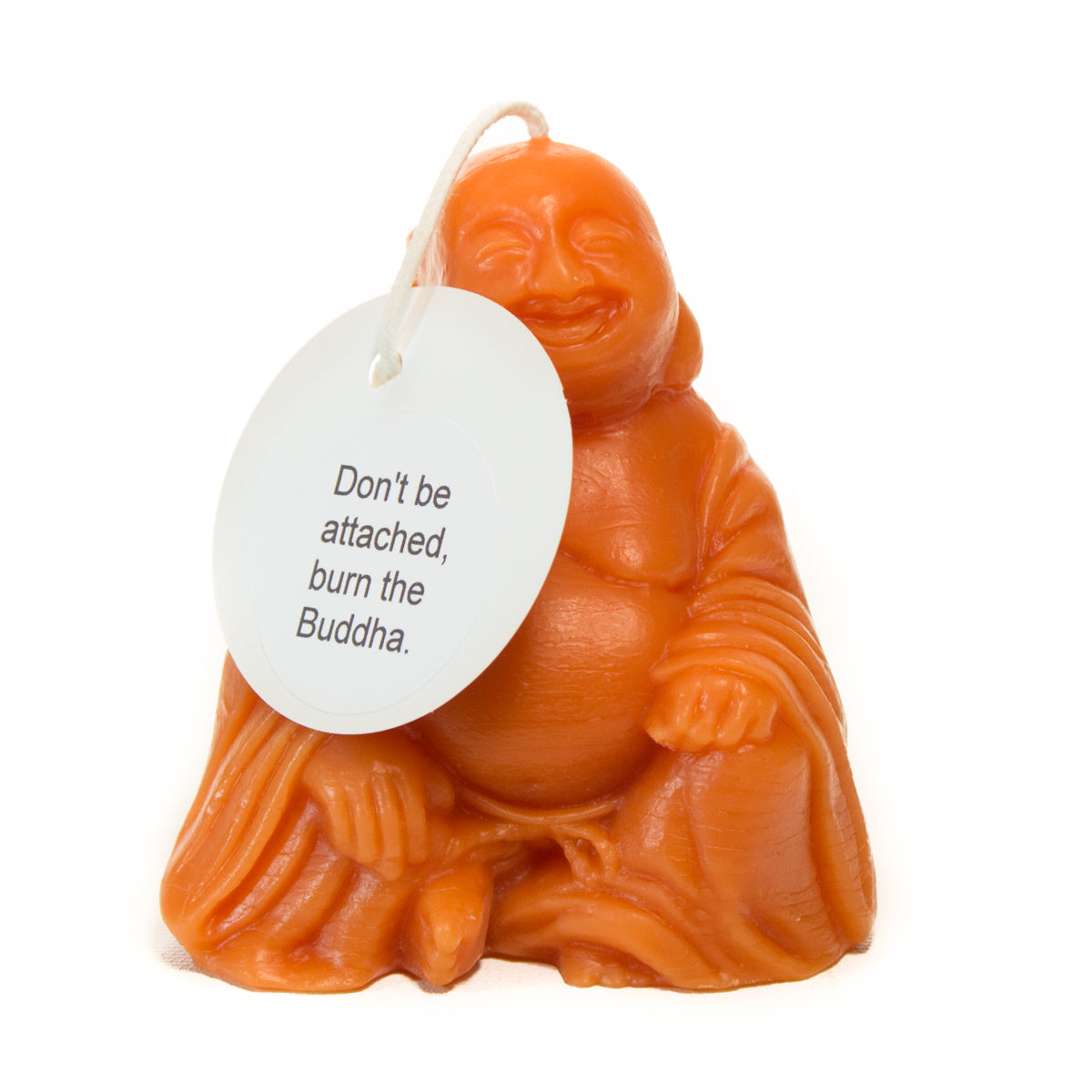 Pure beeswax Buddha candle with a tag saying, 'Don't be attached, burn the Buddha.'
