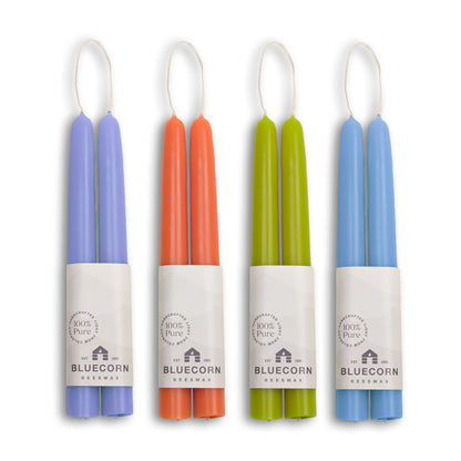 Summer beeswax taper candles in apricot, pistachio, lilac & sky blue bundle, perfect for summer evenings.