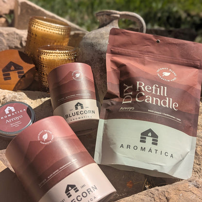 Bluecorn Aromática Coconut Wax Candles in Arroyo - Sample Tin, Refill Kit, Small & Large glass candle sitting on top of ricks 