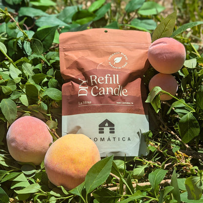 bluecorn aromática La Mesa scented DIY refill kit lying in grass with peaches