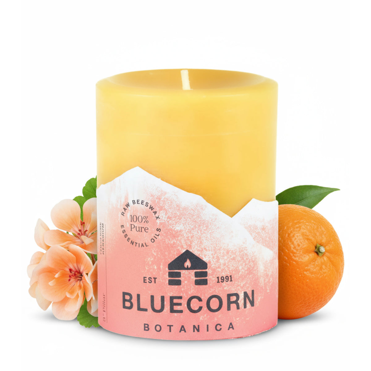 Tangerine and Geranium scented pillar candle made with beeswax