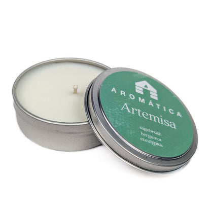 sagebrush bergamot and eucalyptus scented sample tin candle bluecorn
