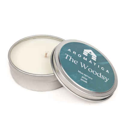 the woodsy. blue spruce pine and musk scented candle sample tin from bluecorn candles