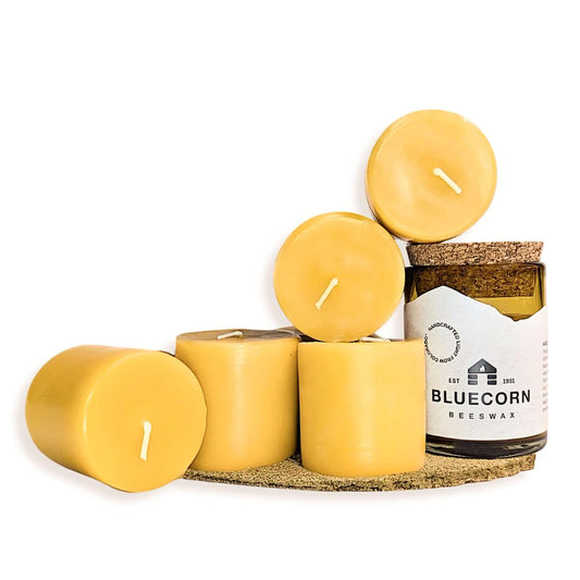 Beeswax jar candle and handcrafted beeswax refill candles displayed together.