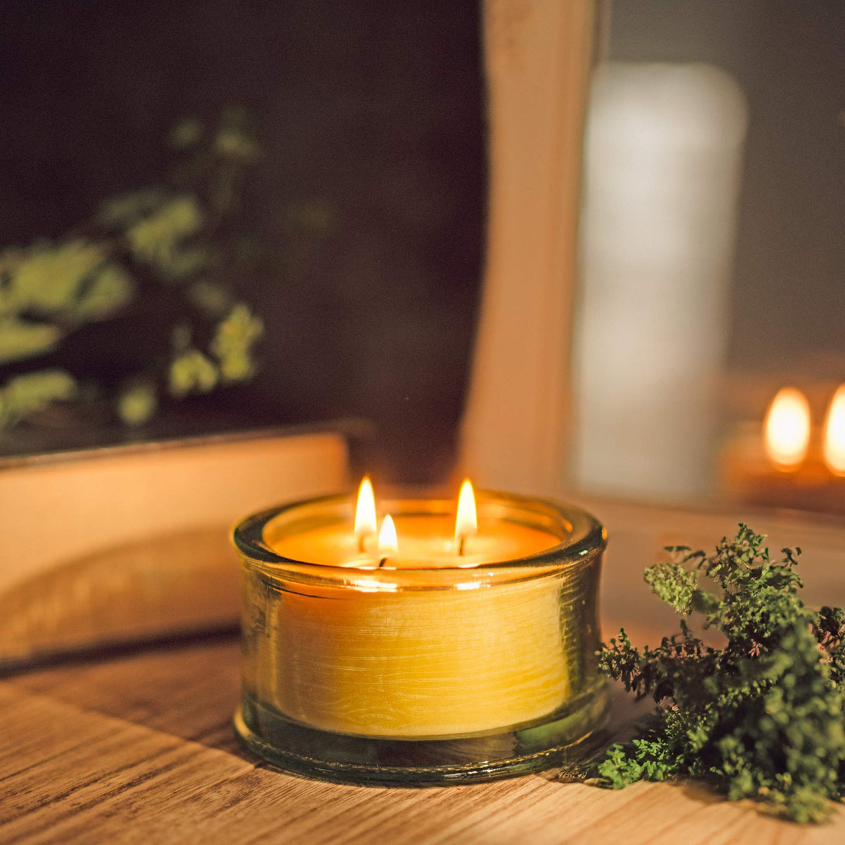 Bluecorn Botanica Beeswax Scented Candle - 3-Wick with flickering flames in recycled glass, aromatic and eco-friendly.
