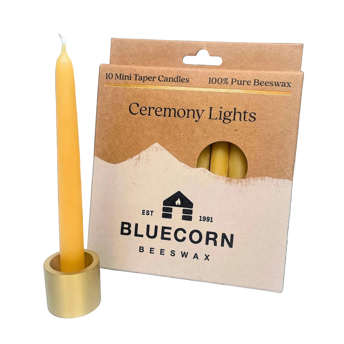 Beeswax candle with packaging labeled 'Bluecorn Beeswax' on a white background