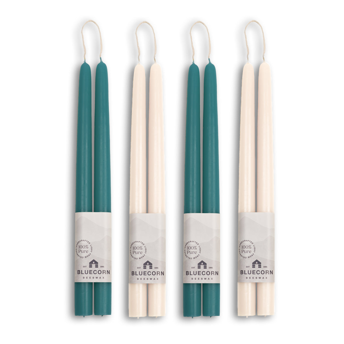 Beeswax Taper Bundle - 2 Pairs of Teal and 2 Pairs of Ivory with white Bluecorn label and white background
