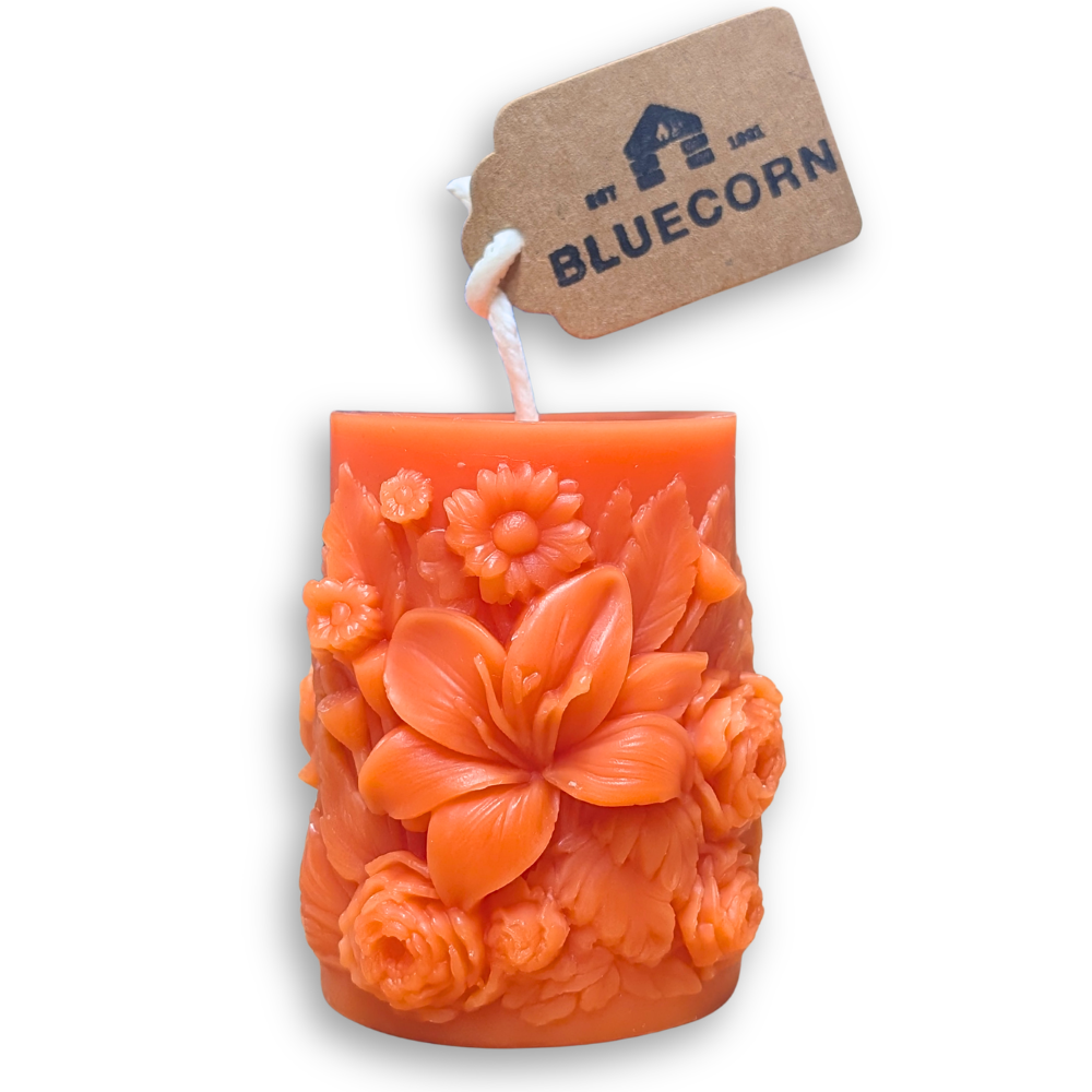 Apricot Sculpted Floral Design Beeswax Pillar Candle with white background