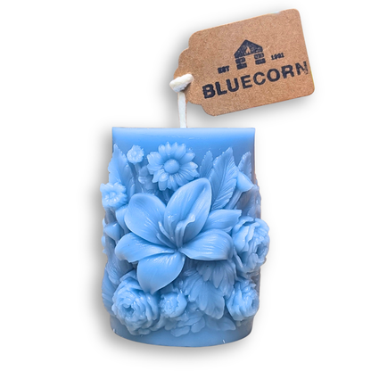 Sky Blue Sculpted Floral Design Beeswax Pillar Candle with white background