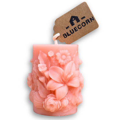 Dusty Rose Sculpted Floral Design Beeswax Pillar Candle with white background