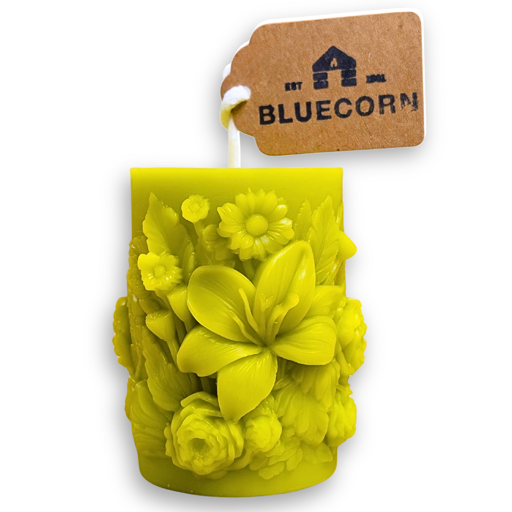 Pistachio Sculpted Floral Design Beeswax Pillar Candle with white background