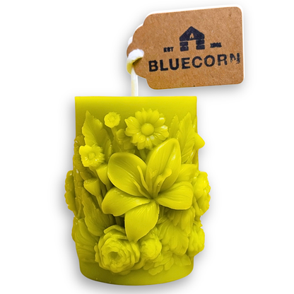 Pistachio Sculpted Floral Design Beeswax Pillar Candle with white background