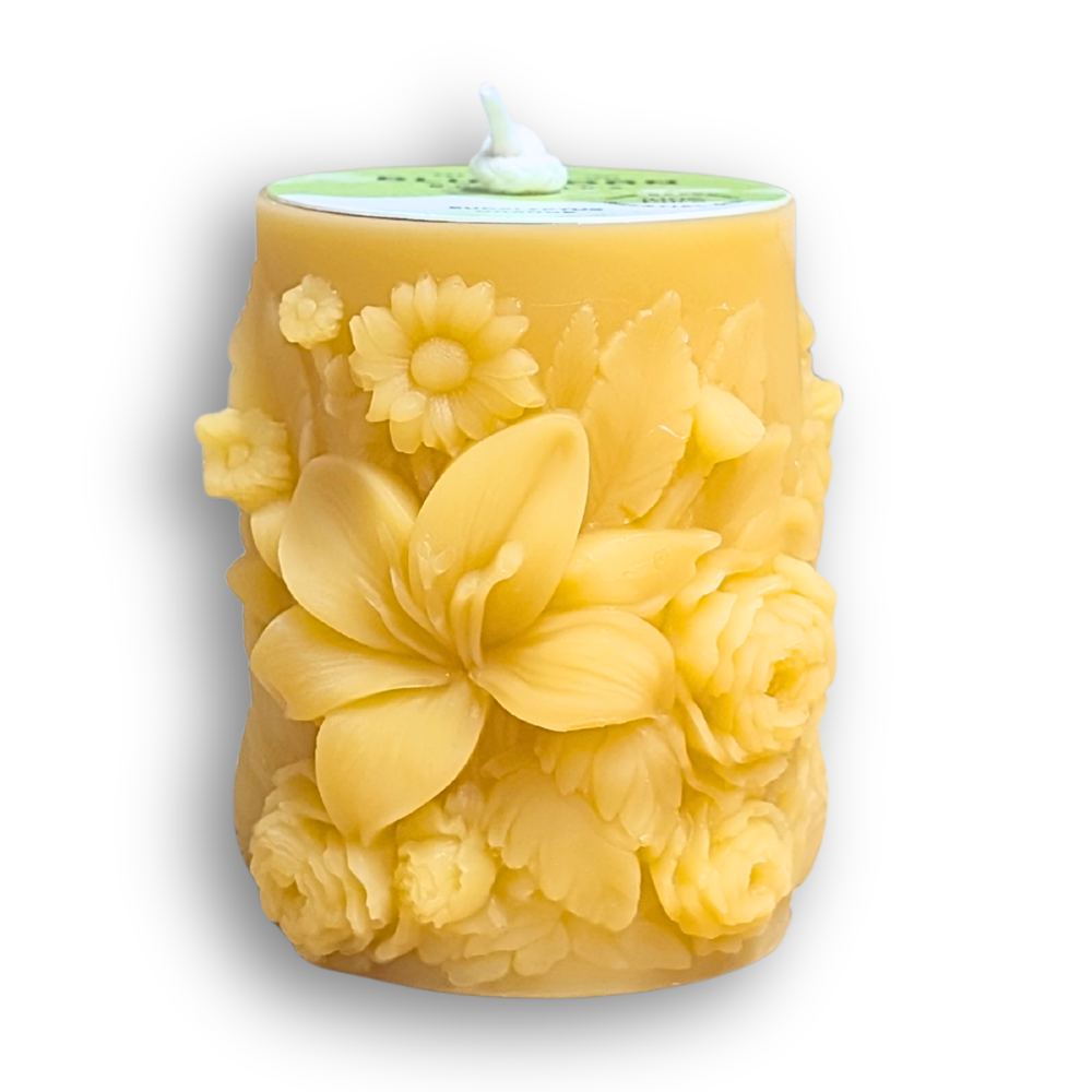 Bluecorn Botanica eucalyptus and orange scented sculpted flower beeswax pillar candle 