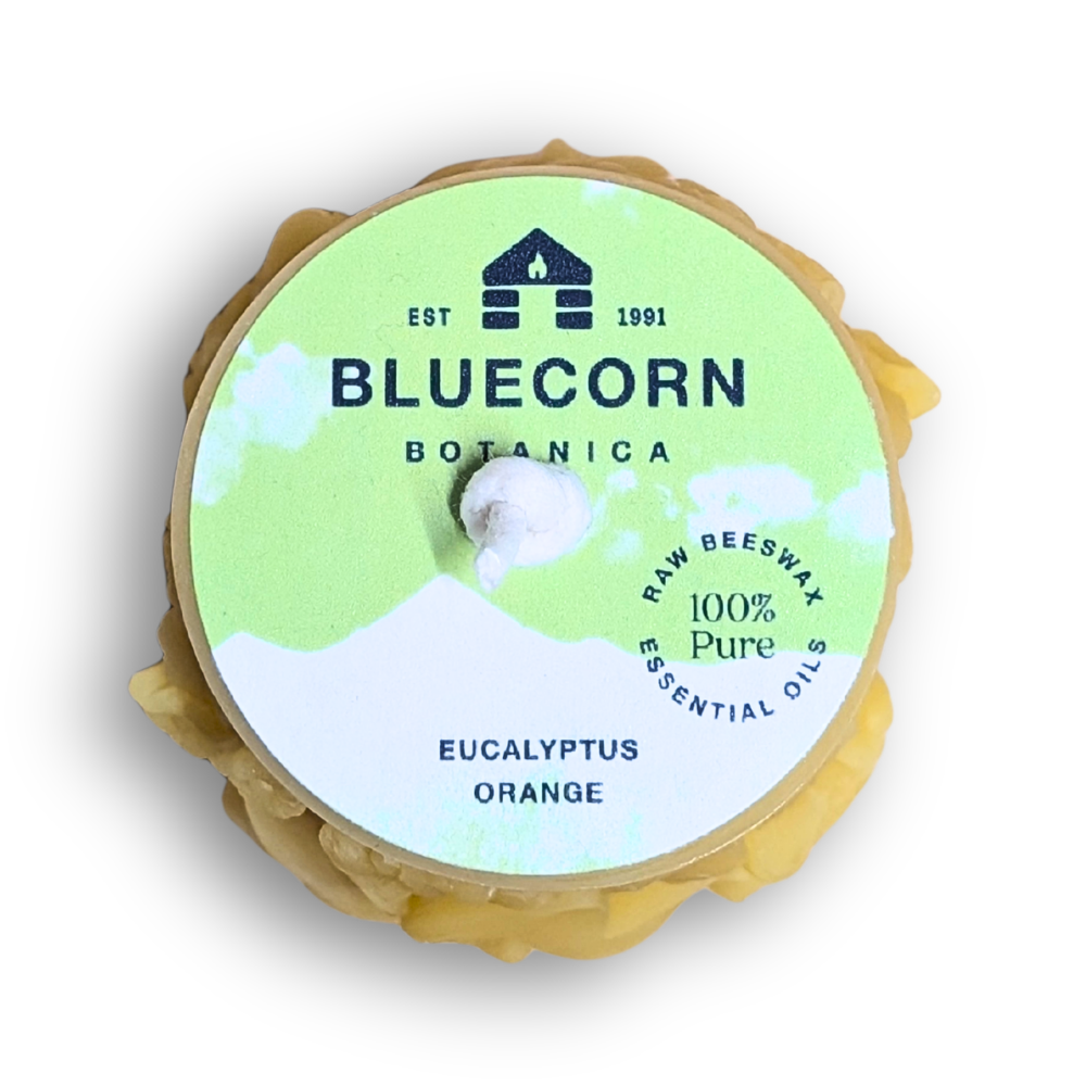 Bluecorn Botanica eucalyptus and orange scented sculpted flower beeswax pillar candle 