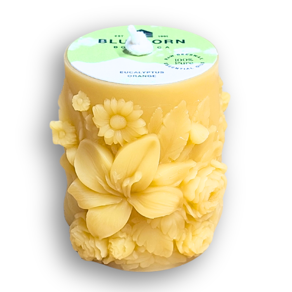 Bluecorn Botanica eucalyptus and orange scented sculpted flower beeswax pillar candle 