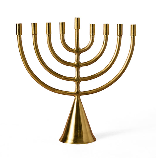 Brass horn‑shaped menorah with elevated shamash handcrafted iron base and eight candle holders
