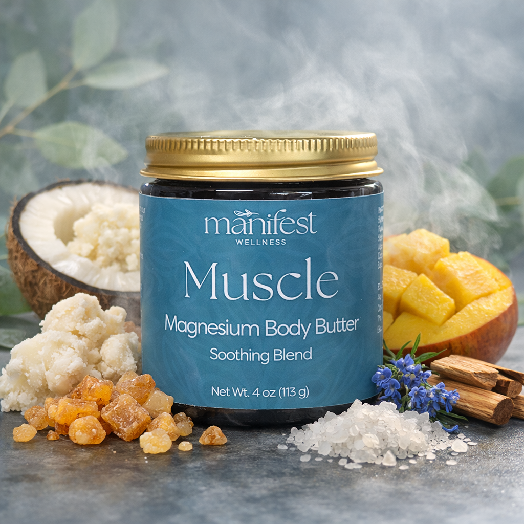 Magnesium muscle body butter styled with coconut, mango, shea butter, frankincense, blue tansy and magnesium salts.