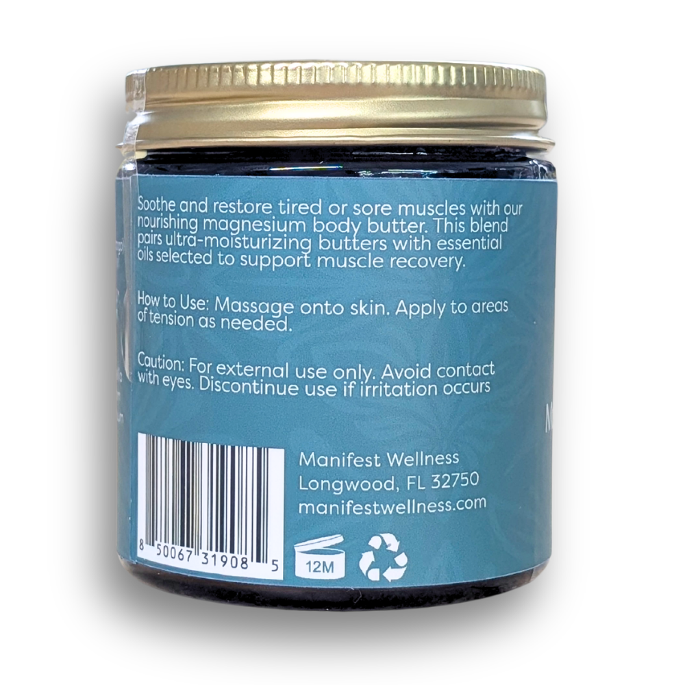 Side of the magnesium muscle body butter jar displaying its organic butters, magnesium and soothing essential oils.