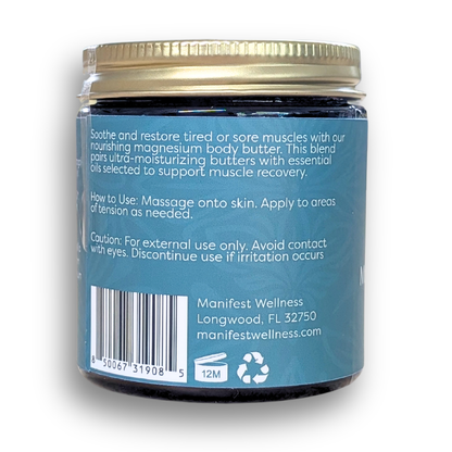 Side of the magnesium muscle body butter jar displaying its organic butters, magnesium and soothing essential oils.