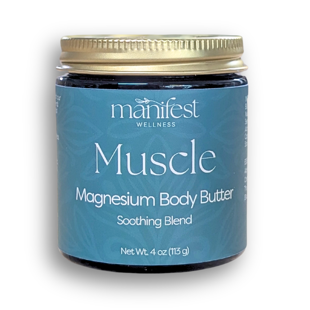 Magnesium muscle body butter in a 4-ounce amber glass jar with a gold lid and teal soothing blend label.