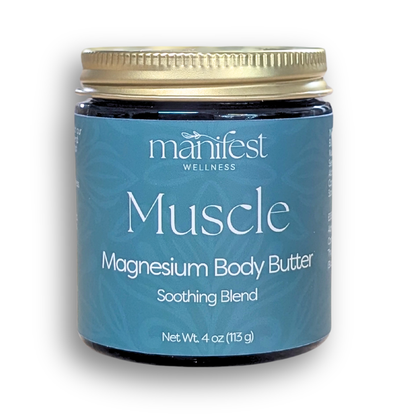 Magnesium muscle body butter in a 4-ounce amber glass jar with a gold lid and teal soothing blend label.