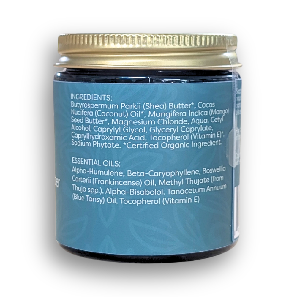 Back of the magnesium muscle body butter jar showing directions for use, product details and caution information.