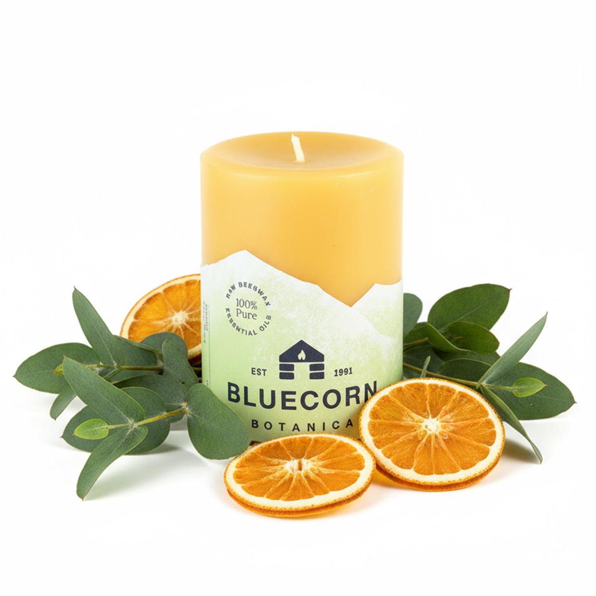 eucalyptus and orange scented pillar candle made with beeswax