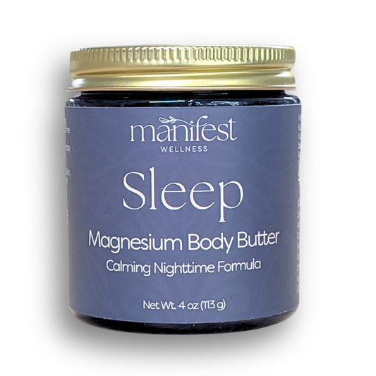 Organic magnesium sleep butter in a 4-ounce amber glass jar with a gold lid and calming nighttime formula label.