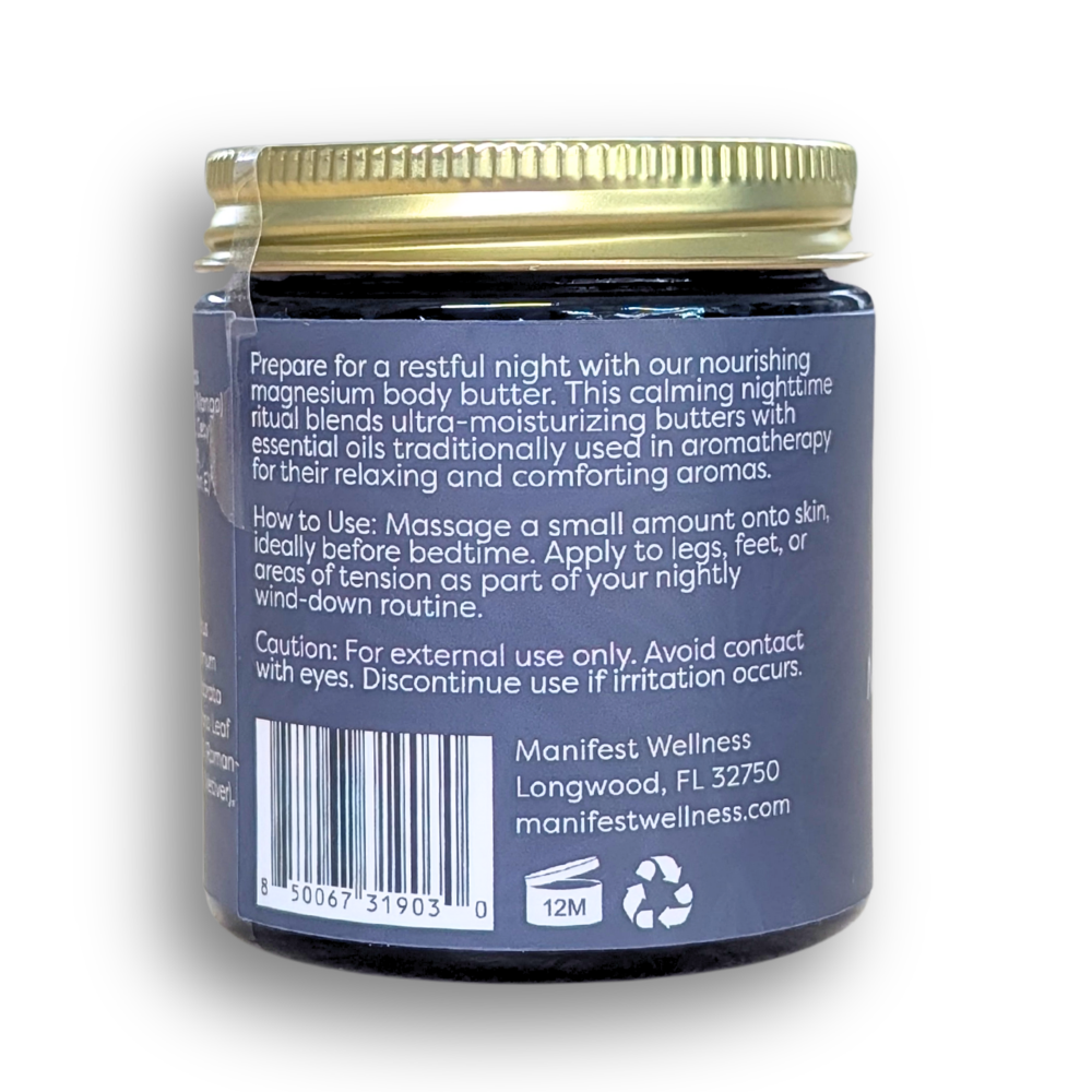 Side of the magnesium sleep butter jar displaying its natural and organic ingredients and essential oil blend.