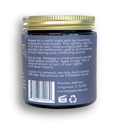 Side of the magnesium sleep butter jar displaying its natural and organic ingredients and essential oil blend.
