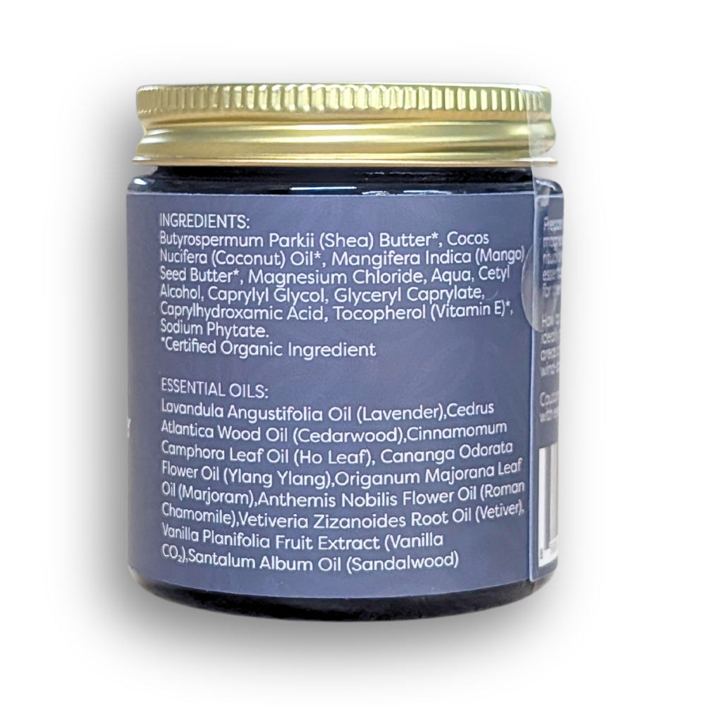 Back of the magnesium sleep butter jar showing directions for use, product information and caution details.