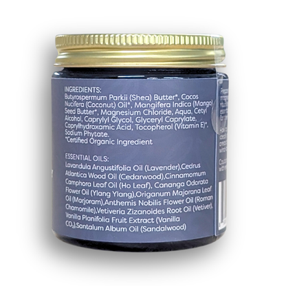 Back of the magnesium sleep butter jar showing directions for use, product information and caution details.