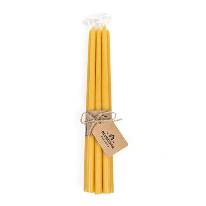 Raw thin beeswax taper candles, 12 inches tall, hand-dipped by Bluecorn