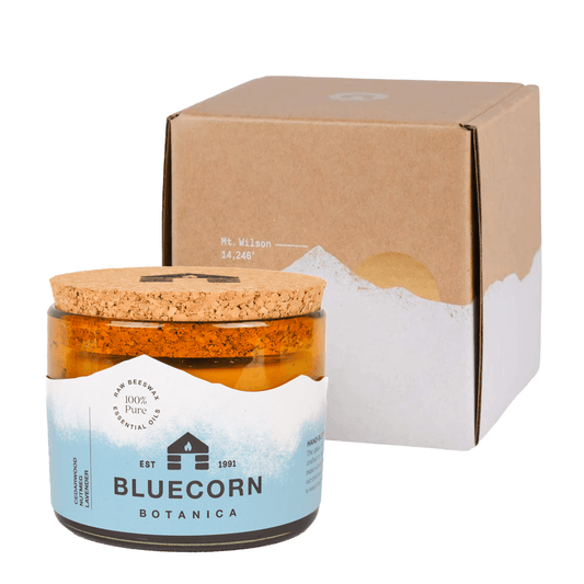 bluecorn beeswax candle scented with essential oils in a gift box