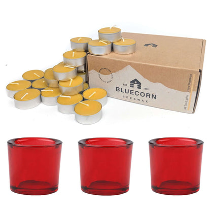 Bluecorn Beeswax 48 Pack Raw beeswax tea light candles in metal cups with three red heavy glass votive holders