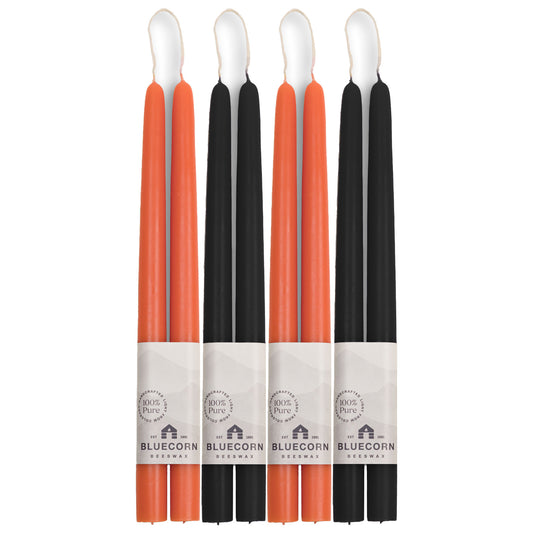 Halloween Candles set with two pairs each of orange candles and black taper candles from bluecorn candles made with pure beeswax in colorado