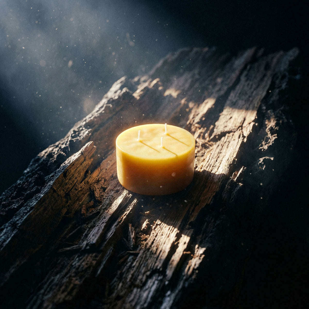 Pure beeswax candle on rustic wood with sunlight illuminating its textured surface.