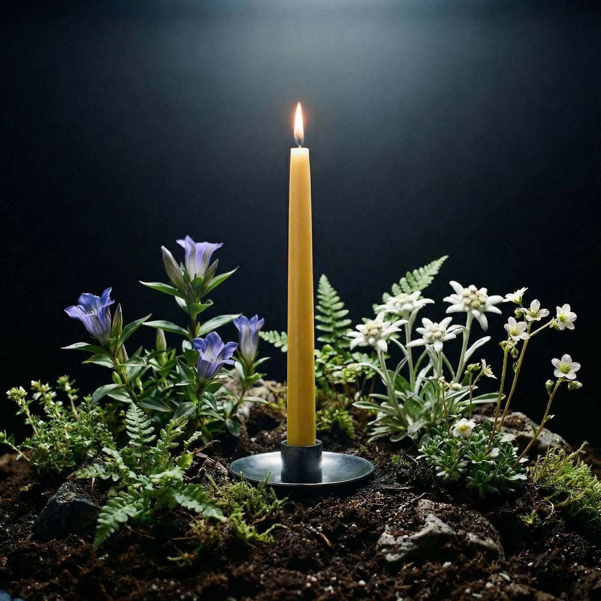 Beeswax taper candle lit in a garden setting with flowers and ferns, showcasing its natural beauty and ambiance.
