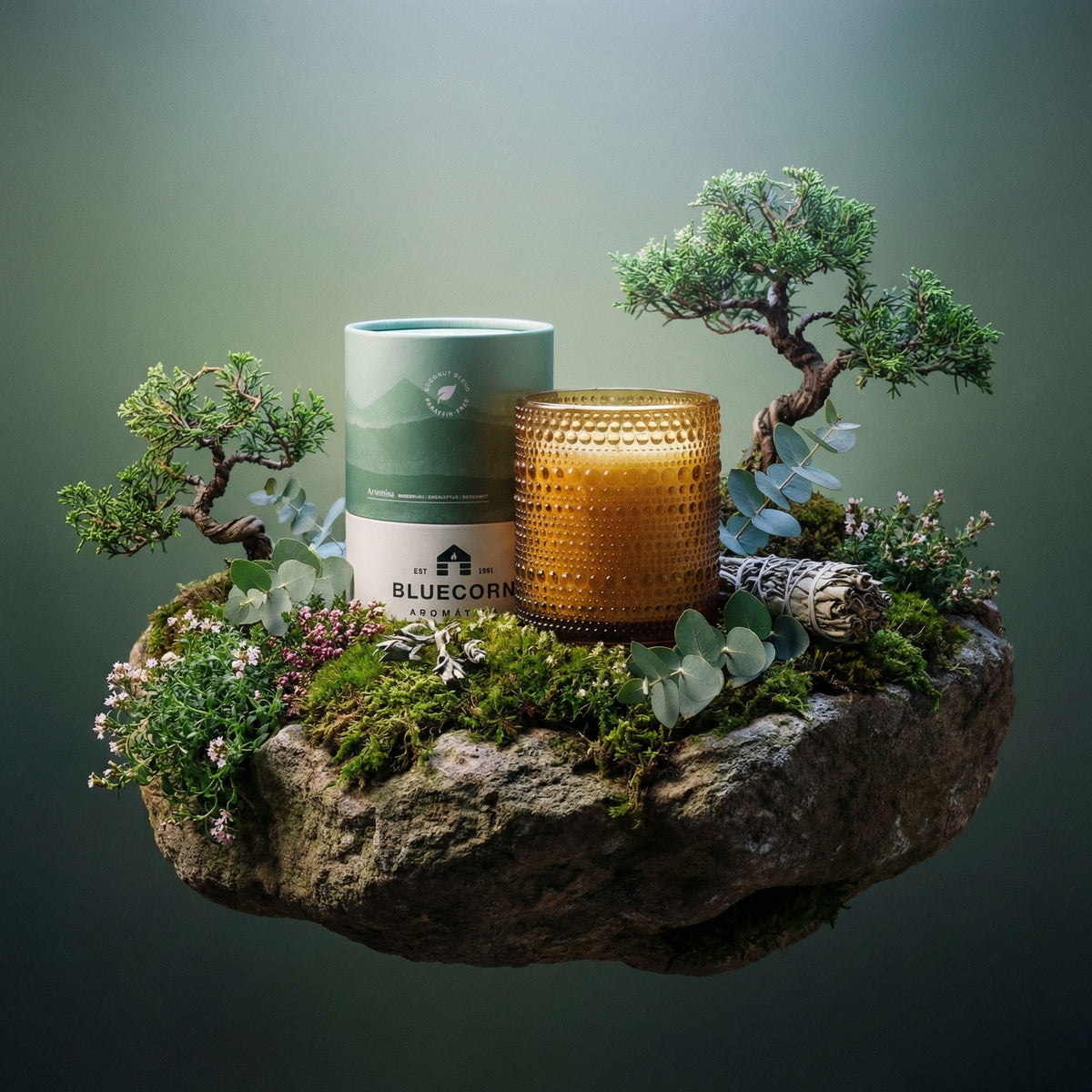An amber glass candle with a textured dimple finish sits next to its light green and white cylindrical packaging floating on top of a mossy and flower filled rock with a dark green background