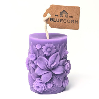 Lilac Sculpted Floral Design Beeswax Pillar Candle with white background
