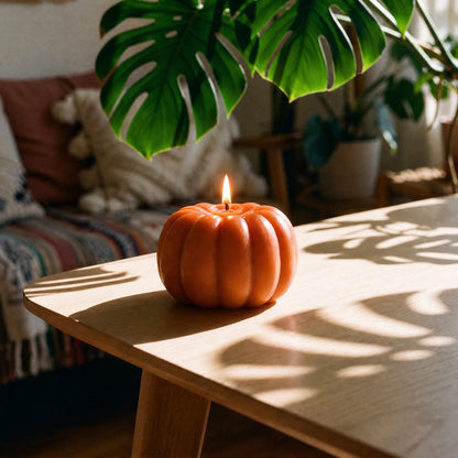 Pumpkin spice scented beeswax pumpkin shaped candle styled with fall decor