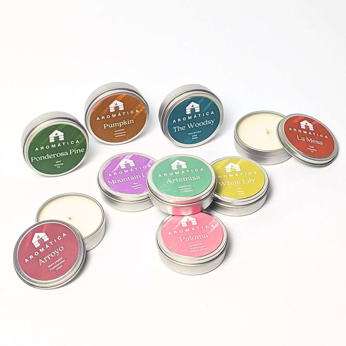 single burn sample tin candles scented nontoxic bluecorn aromatica 9 pack