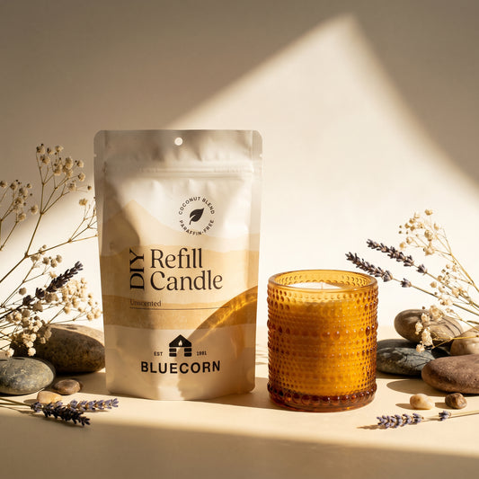 Unscented candle refill bag with filled candle 
