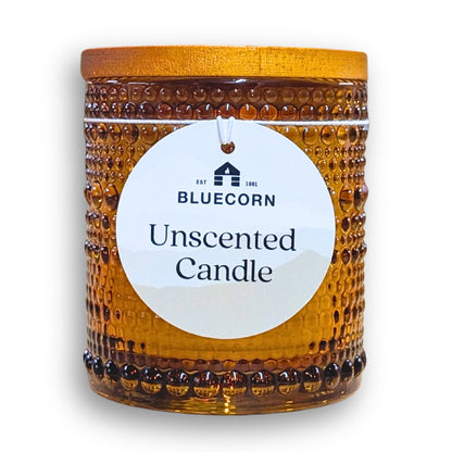 Unscented Coconut Wax Candles in amber glass container by Bluecorn.