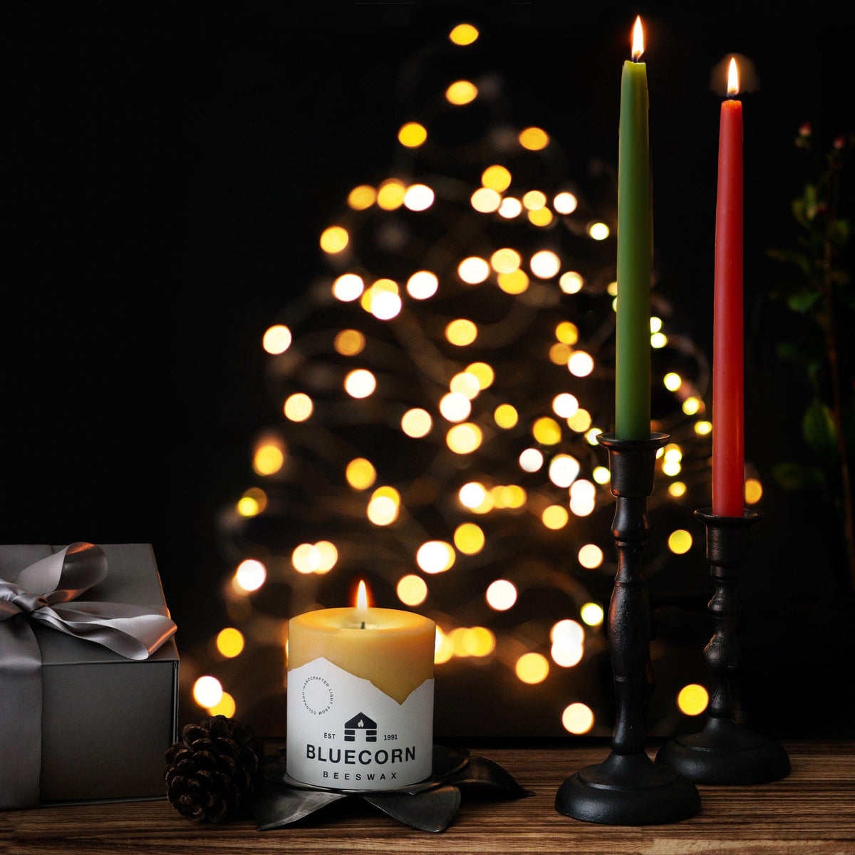 Classic Red & Moss Christmas Taper Candle Bundle - 100% Pure Beeswax - Bluecorn Candles