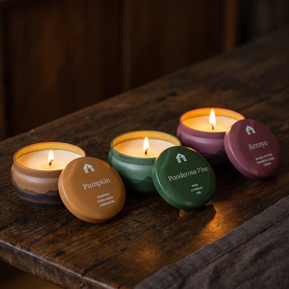 pumpkin pine and arroyo scented candle tins from bluecorn for fall