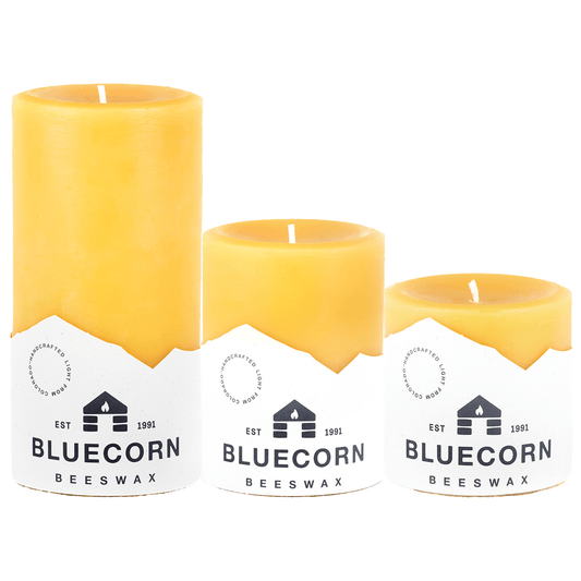 The Glow Trio: three pure beeswax pillar candles in 3, 4 and 6 inch heights