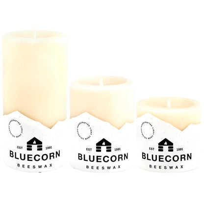 The Ivory Trio: three ivory beeswax pillar candles in 3, 4 and 6 inch heights